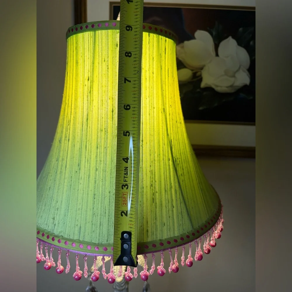 Vintage-Style Table Lamp Bright Green Lamp Shade With Pink Beaded Fringe - Picture 8 of 9